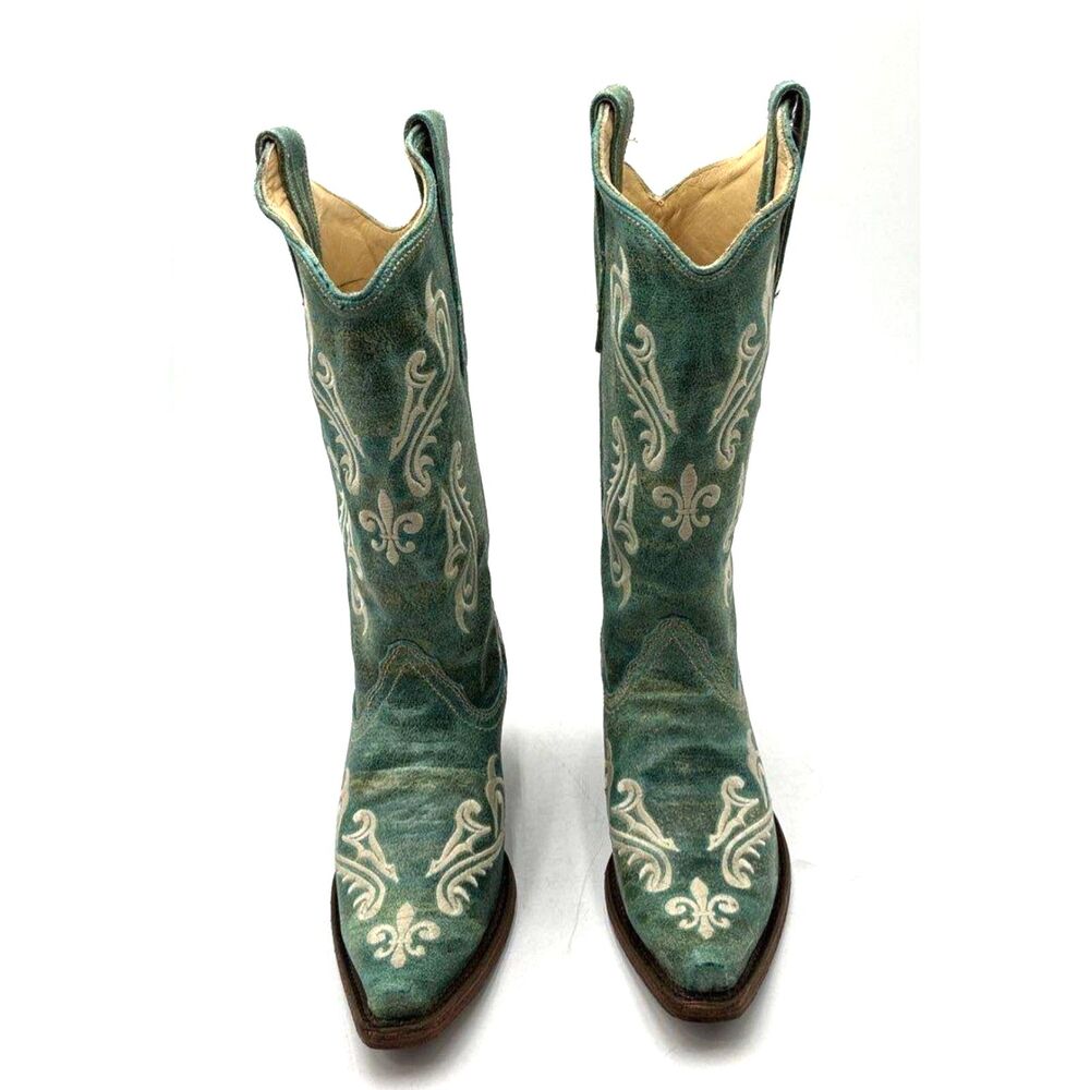 Corral R1973 Turquoise Fleur De Lis Leather Embroidered Western Boots Size 7